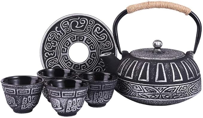 Cast Iron Teapot Set Japanese Style Tea Kettle with Infuser, Enameled Interior Cast Iron Tea Pot with 4 Teacup for Stove Top, Handmade Gift for Friend (28 Ounce, Black)