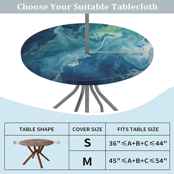 Turquoise Marble Round Fitted Tablecloth with Umbrella Hole and Zipper, 45"-56" Outdoor Elastic Table Cloth Oil-Proof Waterproof Patio Table Cover for Picnic Party Camping