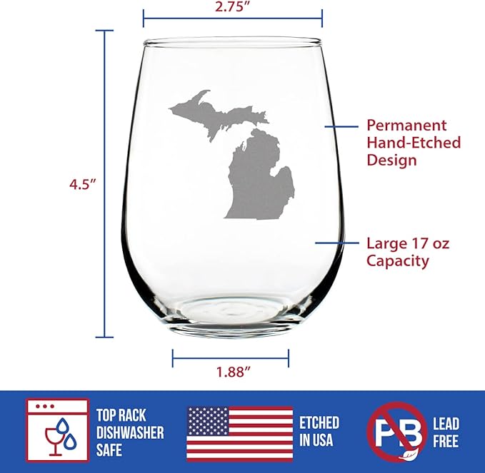 Bevvee Michigan State Outline Stemless Wine Glass - State Themed Drinking Decor and Gifts for Michigander Women & Men - Large 17 Oz Glasses