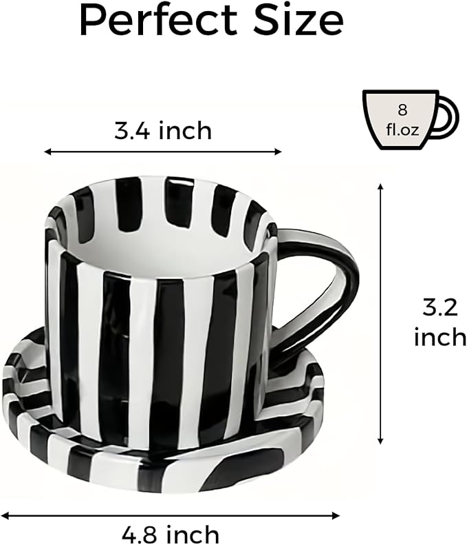 Tea Cup and Saucer, Ceramic 8 oz coffee mug, Dishwasher Safe and Microwave Safe, Black and White, Set of 2
