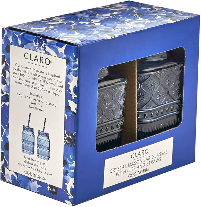 Godinger Mason Jars, Storage Jars, Glass Canister for Storage, Claro Blue 16oz, Set of 2