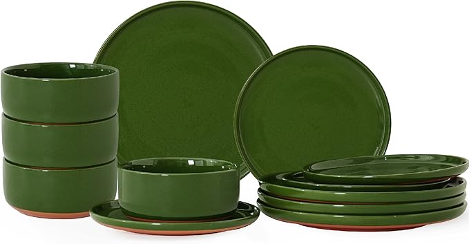 12 Piece Dinnerware Set, Dual Glaze Stoneware Plates and Bowls Sets, Modern Dinner Plate, Salad Plate, Cereal Bowl, Dish Set for 4, Microwave and Dishwasher Safe, Forest Glaze Green
