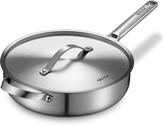 Stainless Steel Saute Pan with Stainless Steel Lid 6-Quart,12-Inch Deep Skillet,Dishwasher&Oven Safe,Induction&All Stove Compatible,Brushed Finish