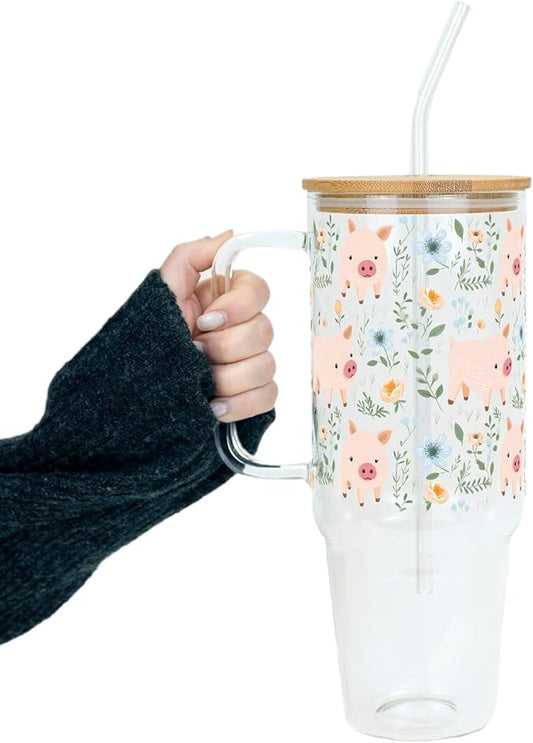 Sip-Sip Hooray! Piggy Floral 40oz Glass Tumbler with Lid and Straw, Farmhouse Pig Coffee Cup, Large Floral Drinkware, Pig Lover Gift, Farmhouse Kitchen Decor, Gift for Farmers