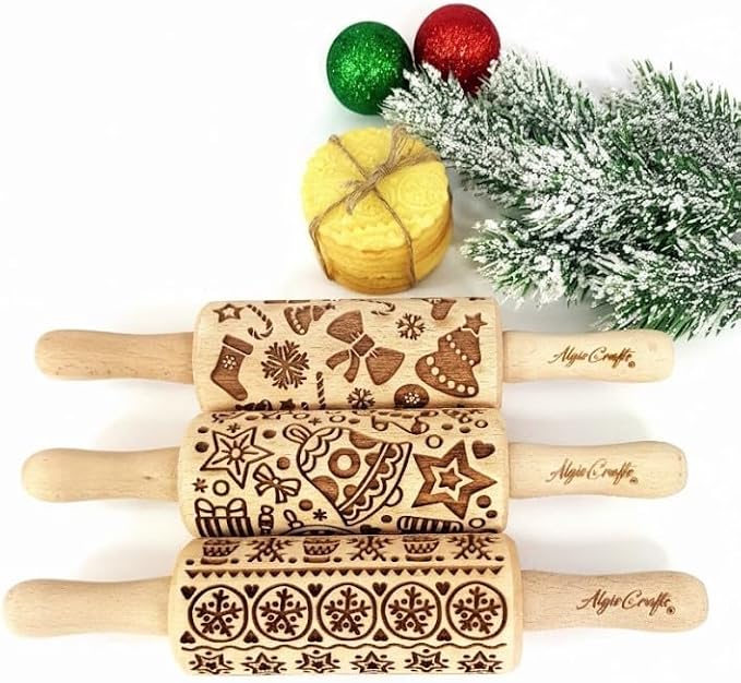 CHRISTMAS FUN 3 Kid Rolling Pin Set. Wooden Laser Cut Embossing Cut Mini Rolling Pins for Embossed Cookies. Gift for Kid, Friend, Christmas by Algis Crafts