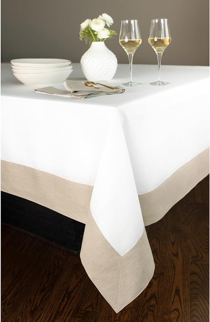 Solino Home Linen Tablecloth 60 x 120 Inch - 100% Pure Linen Natural and White Table Cloth for Rectangle Tables - Contempo, Machine Washable Tablecloth for Winter, Spring, Easter