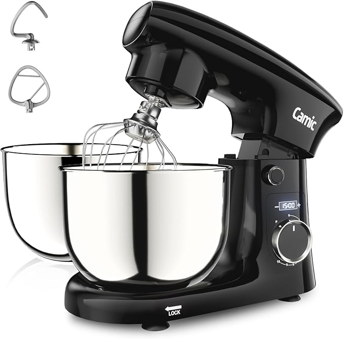 Camic Stand Mixer, 4.2QT+5.3QT Two bowls Electric Food Mixer, 10 Speeds with Digital setting 3-IN-1 Kitchen Mixer for Baking Cakes Cookie Bread Salad with Egg Whisk,Dough Hook,Flat Beater(Black)