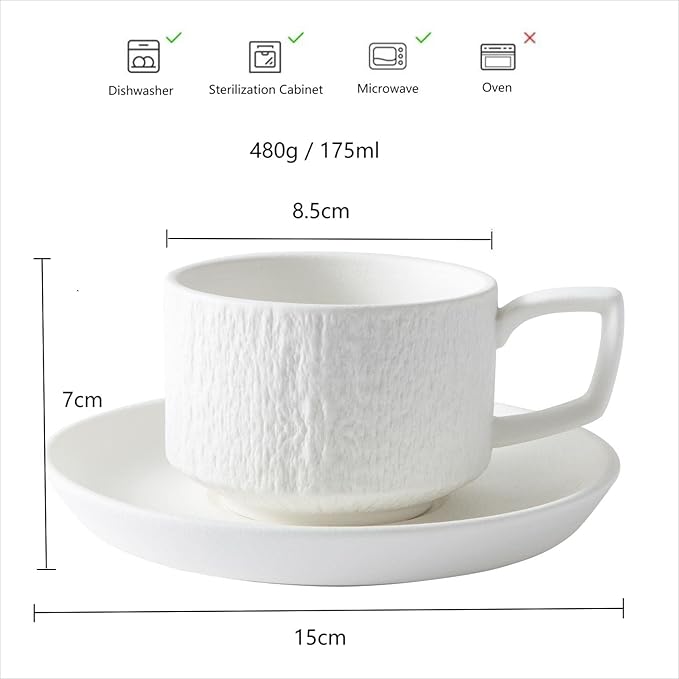Rock Texture Embossed Ceramic Coffee Set Tea Set,Cappuccino Espresso,Novelty Ceramic cup and Saucer for Friends/Women/Men/Mother/Father,6 oz,White