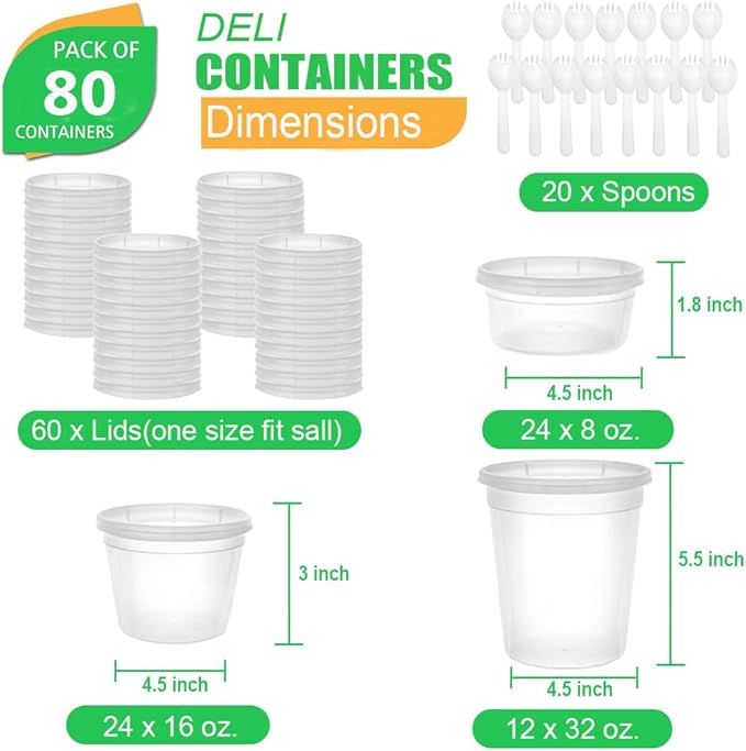[80 Combo Sets] Food Storage Containers with Lids, 8oz, 16oz, 32oz Plastic Deli Containers with Lids Freezer Storage Containers, BPA Free Leakproof, Microwave | Dishwasher | Freezer Safe