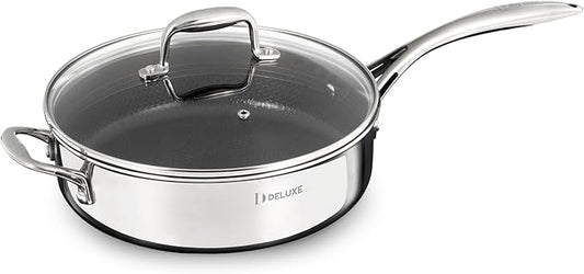 DELUXE Hybrid Ceramic Nonstick 3.7 Qt Deep Sauté Pan with Lid, Stainless Steel Skillet with Stay-Cool Handles, Dishwasher and Oven-Safe, PFOA Free Deep Frying Pan, Compatible with All Cooktops