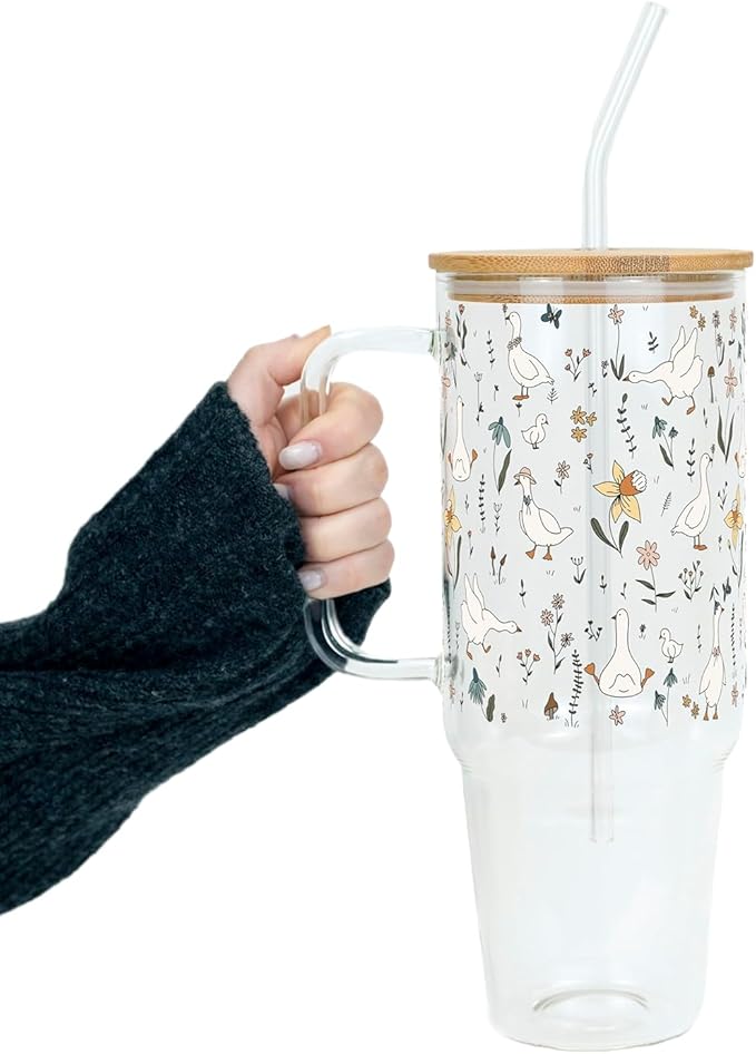 Sip-Sip Hooray! Floral Geese 40oz Glass Tumbler with Lid and Straw, Goose Lover Coffee Cup, Large Farmhouse Drinkware, Cute Goose Kitchen Decor, Gift for Bird Lovers, Farm Animal Gift