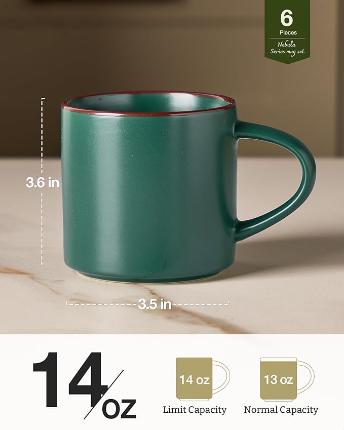 famiware Coffee Mugs Set of 6, Nebula 14oz Coffee Mugs, Ceramic Cup Set with Handle for Latte, Tea, Milk, Cappuccino, Cocoa, Dark Green