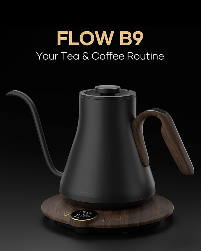 Cocinare FLOW B9 Gooseneck Electric Kettle, Precise Temperature Control for Pour-Over Coffee & Tea Brewing, Stainless Steel Interior, Rapid Heating for Boiling Water 0.9L (Obsidian Black)