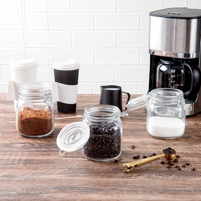 Restaurantware-Vetri 30.4 Ounces Glass Storage Jars, 3-Piece Dishwashable Glass Cookie Jars - Airtight Seal, Hot & Cold Friendly, Clear Candy Container, For Kitchen, Laundry, Or Storage