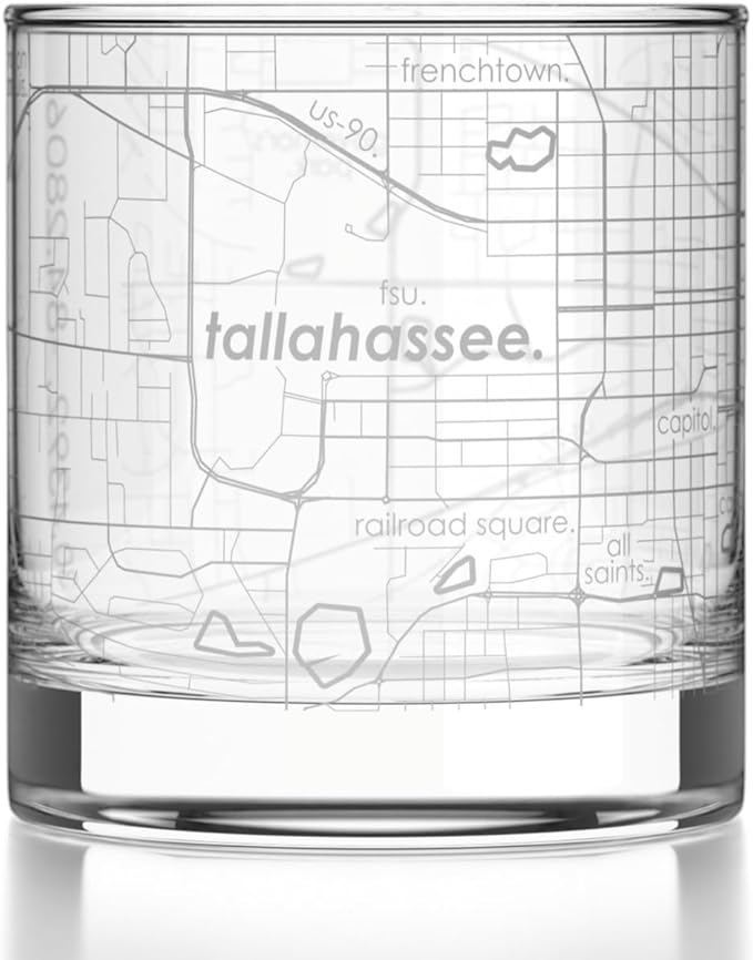 Well Told Engraved Tallahassee Florida Map Rocks Glass, Old Fashioned Glassware (11 oz, Clear) Etched Bourbon Tumbler, Gifts For Whiskey Lovers