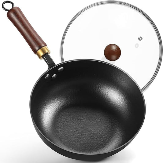 Carbon Steel Wok, 9.5" Deep Frying Pan With Lid, Flat Bottom Small Wok, 3-Qt. Saute Pan, Authentic Chinese Stir-Fry Pans with Glass Lid