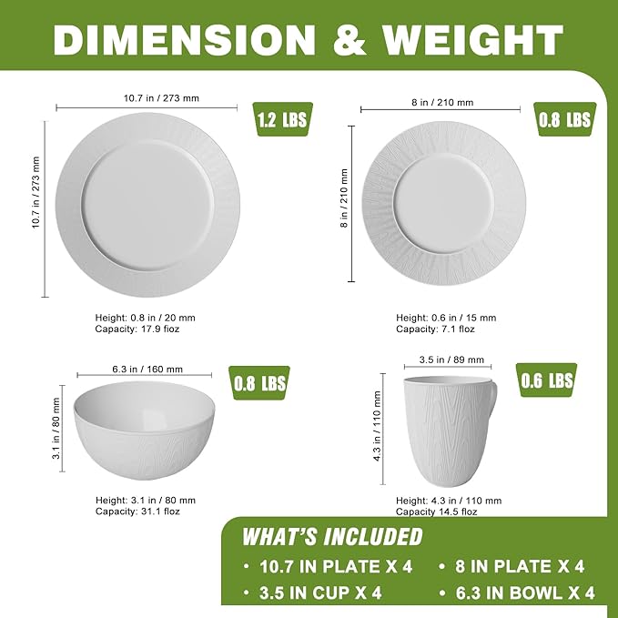 Yoshy 12-Piece White Bone China Dinnerware with Lightweight Durable Chip Resistant Design Service for 4 (16 Piece - Service for 4, Streamsong)