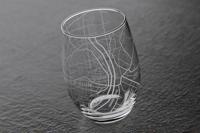 Well Told Engraved St. Louis Missouri Map Stemless Wine Glass, Etched Glass (15 oz, Clear) City Custom Gifts for Lovers