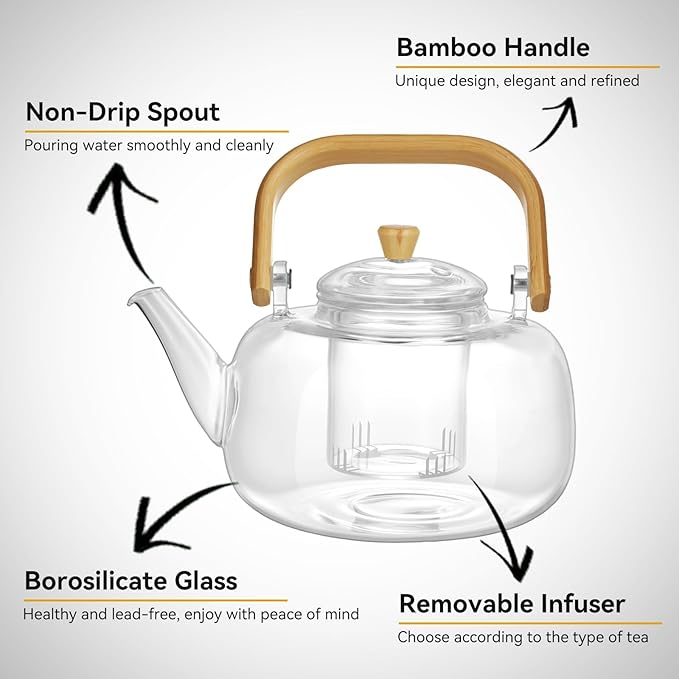 49OZ/1450ML Glass Teapot with Removable Infuser & Lid, Stovetop & Microwave Safe Clear Borosilicate Glass Tea Maker Water Kettle for Loose Leaf Blooming Tea