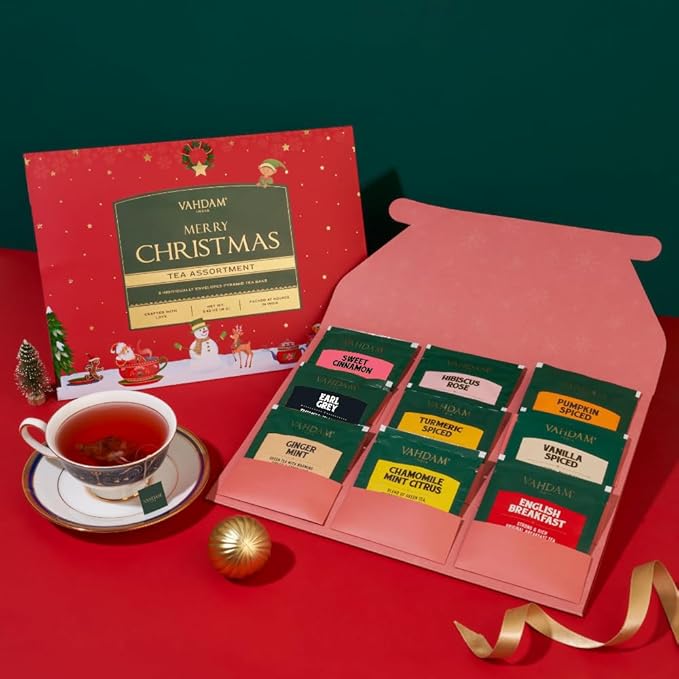 VAHDAM, Merry Christmas Tea Gift Set (9 Individually Wrapped Tea Bags) Limited Edition -Gluten Free, Non GMO | Christmas 2026 Gift Ideas | Christmas Gifts For Women 2026 & Christmas Gifts For Men 2026