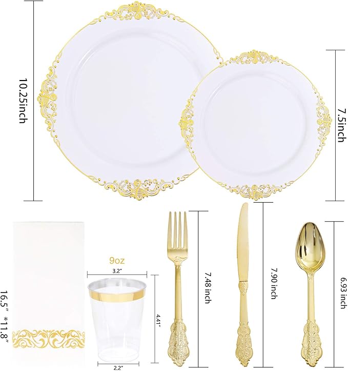Nervure 175PCS White and Gold Plastic Plates - Disposable Dinnerware Set Include 50 Gold Plates for Dinner and Dessert, 75 Cutlery, 25Cups 25Napkins for Wedding & Party & Thanksgiving