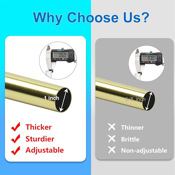 Curtain Rods for Windows 16 to 200 Inches Adjustable Length 1 Inch Diameter Window Curtain Rod with Aluminium Finials, Gold