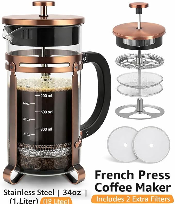 French Press Coffee Maker 34 oz, 304 Stainless Steel Double Mesh Filter, Borosilicate Glass, Heat-Resistant, BPA-Free, Large Capacity for Family & Office, Great Gift