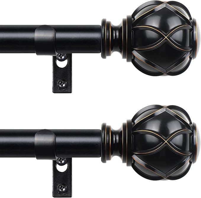 Black Curtain Rods 2 Pack, HOTOZON Curtain Rods for window 32 to 58 Inch, New Splicing Window Rods for Windows, 3/4 Inch Single Drapery Rod with Netted Finials