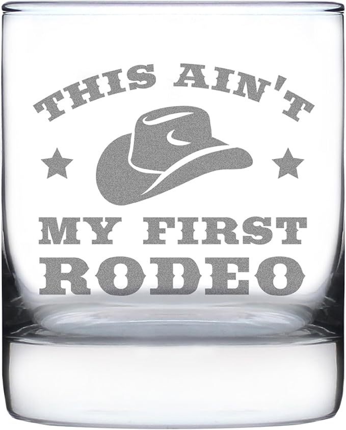 Bevvee Ain't My First Rodeo - Whiskey Rocks Glass Gift - Funny Cowboy or Cowgirl Gifts for Men & Women - Engraved Sayings
