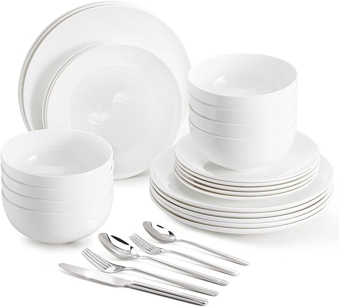 KINGSTONE Bone China Dinnerware Set for 8 with 40 Piece Silverware Set for 8, Dishwasher Safe, Tableware for Daily Use with Elegant Design