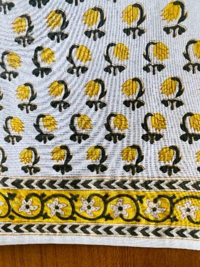 Ridhi Hand Block Print Vintage Yellow Rectangle Cotton Tablecloth 102" x 48" Reusable Table Cover Decorative Everyday Use for Dining, Farmhouse, Home Gift for Spring, Easter, Valentine