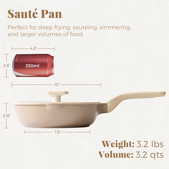 PRICUSIS Nonstick Deep Frying Pan with Glass Lid, 10 Inch (3.2 qt), 5X Durable Nonstick Sauté Pan, Scratch & Stain Resistant, PFOA Free, Induction Compatible, Dishwasher & Oven Safe, Natural Linen