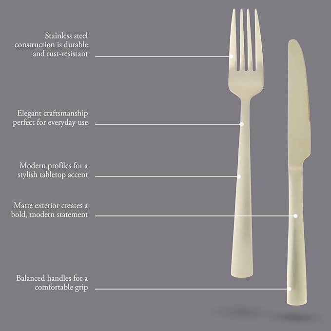 Gibson Elite Earlston 20-Piece Flatware Silverware Set - Stainless Steel Utensils - Forks, Spoons, Knives - Service for 4 - Matte Champagne Gold