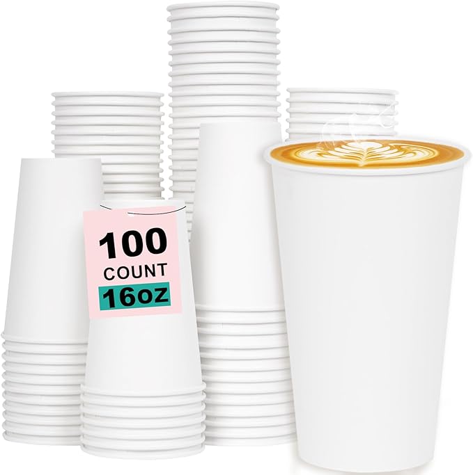 16 oz 100 Pack Disposable Coffee Cups, Bulk White Disposable Paper Cups, Coffee Cups for Hot Tea, Chocolate and Cold Drinks