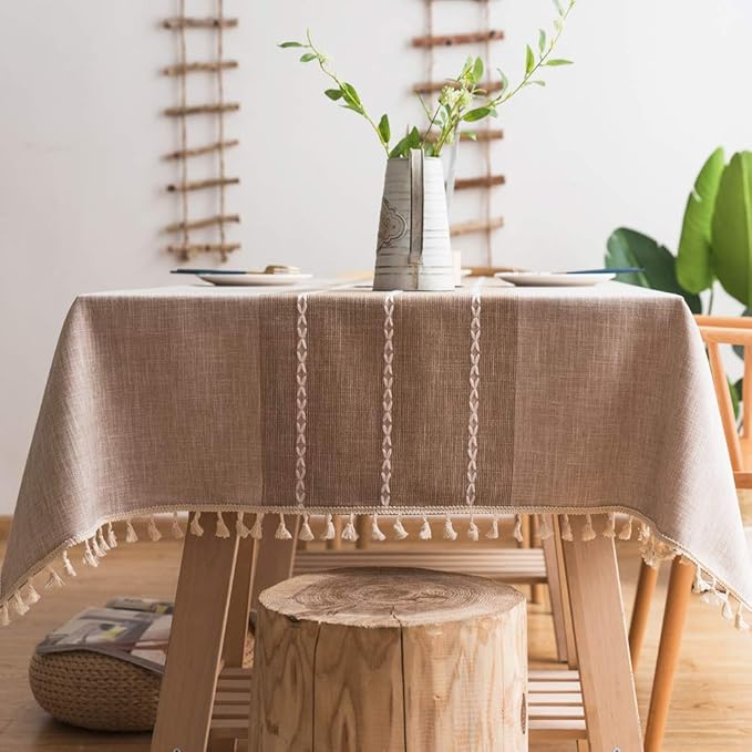 Pahajim Striped Tablecloth Rectangle with Tassels Thick Linen Cotton Table Cloth for Outdoor Picnic Dining and Holiday Kitchen Decor Rectangle/Oblong,55''x79'', 4-6 Seats
