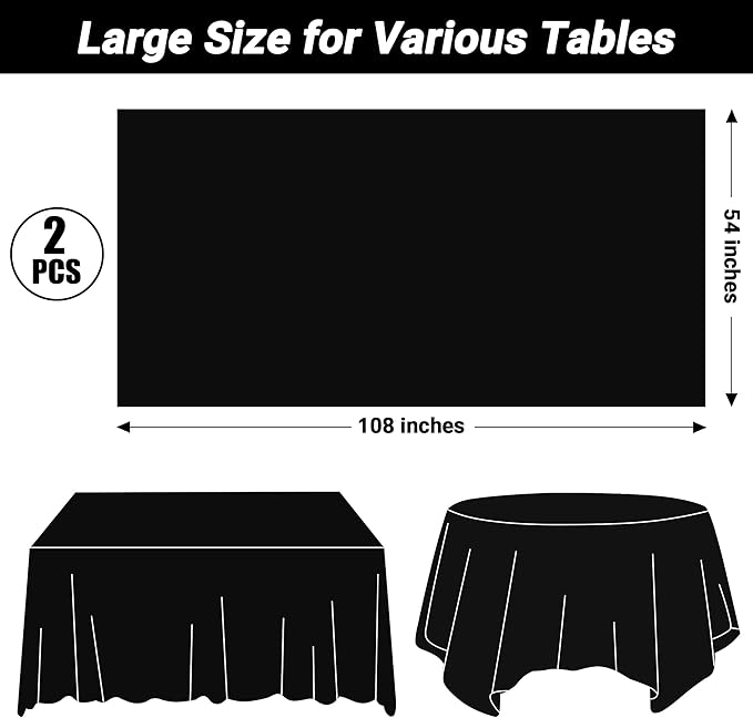 2 Pack Picnic Table Cover, 108 x 54 Inches Black Plastic Tablecloth, Decorative Black Rectangle Tablecloth Disposable Tablecover Party Table Cloth, Waterproof Decor Party Supplies for Outdoor Indoor