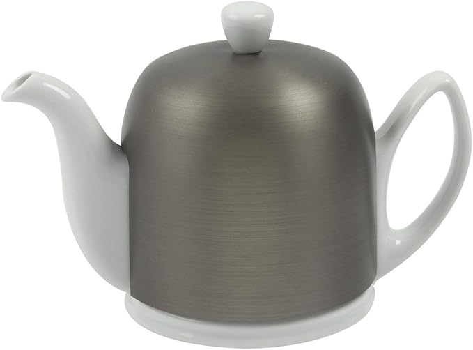 Degrenne Salam Luxury French Tea Pot - Porcelain Teapot with Brushed Aluminum Cover, Ceramic Tea Kettle for Loose Tea, Removable Infuser, 6 Cup Capacity, 36oz - Aluminum
