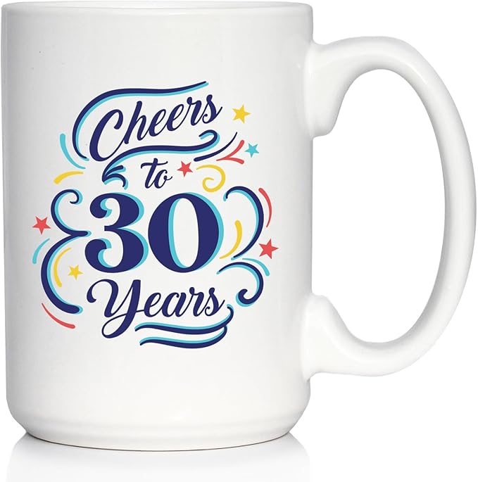Bevvee Cheers to 30 Years - Coffee Mug Gifts for Women & Men - 30th Anniversary Party Decor - Large 15oz White Ceramic Mug
