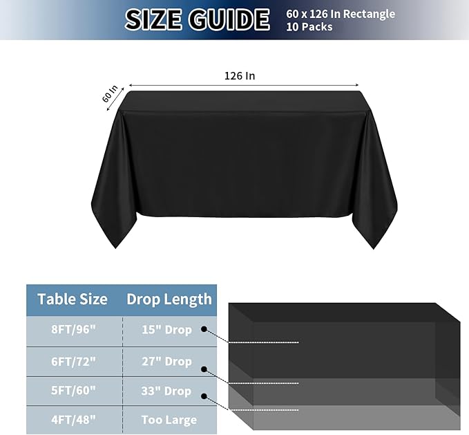 PureFit 10 Pack Black Table Cloth 60 x 126 Inch, Stain and Wrinkle Resistant Table Linen for 6 Ft Rectangle Tables, Polyester Table Covers for Dining Room, Wedding, Party, Banquet and Camping