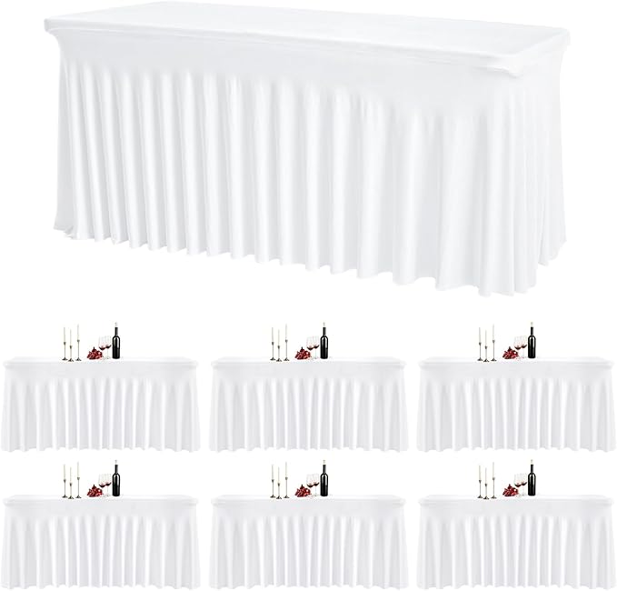 6 Pack White Rectangle Tablecloth 72 Inch with Elastic Skirt - Wrinkle-Resistant Spandex Fitted 6FT Table, Stretchable Table Cover for Wedding Banquet Birthday Party Buffet Restaurant