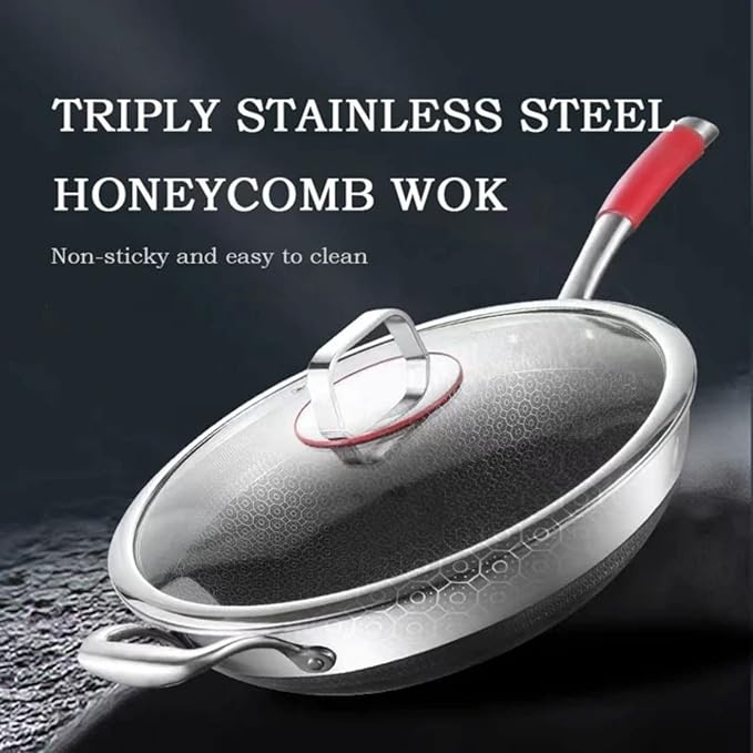Honeycomb Wok 12 inch Pan with Lid, nonstick stir fry with silicone handles, Hybrid stainless steel cooking frying pan, dishwasher safe.