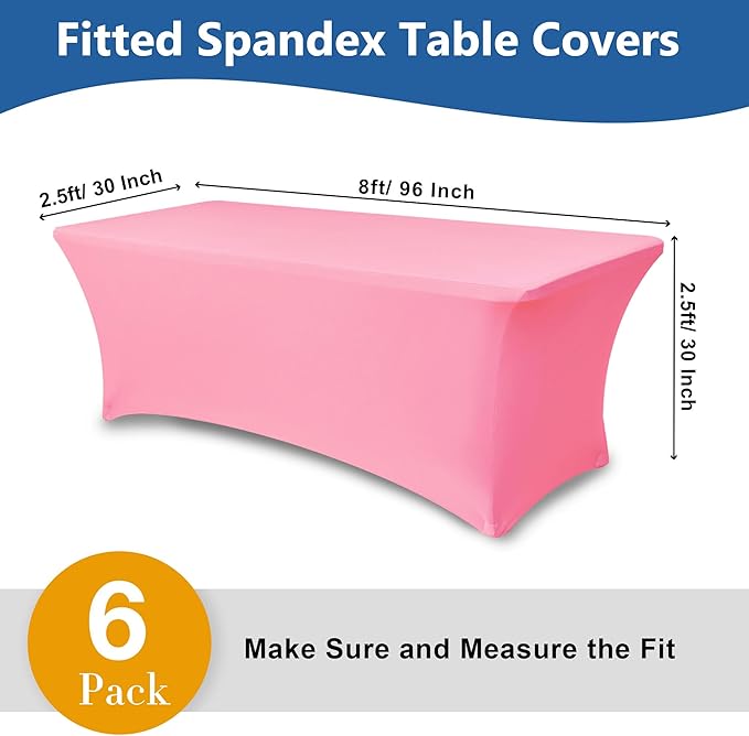 Spandex Table Cloths for 8 Foot Rectangle Tables-6 Pack Fitted Stretch Pink Table Covers-Elastic Folding Tablecloths for Party, Vendor Booth Display, Banquet Buffet Event, Craft Trade Show