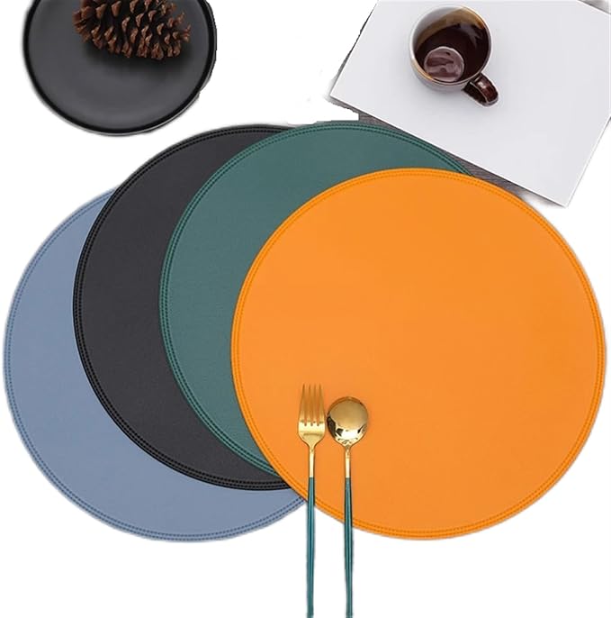 1/4/6pcs Table Mat Tableware Placemat PU Leather Heat Insulation Non-Slip Round Placemats Coaster Placemat for Dining(Y Circle Black,R 38CM 1pcs)