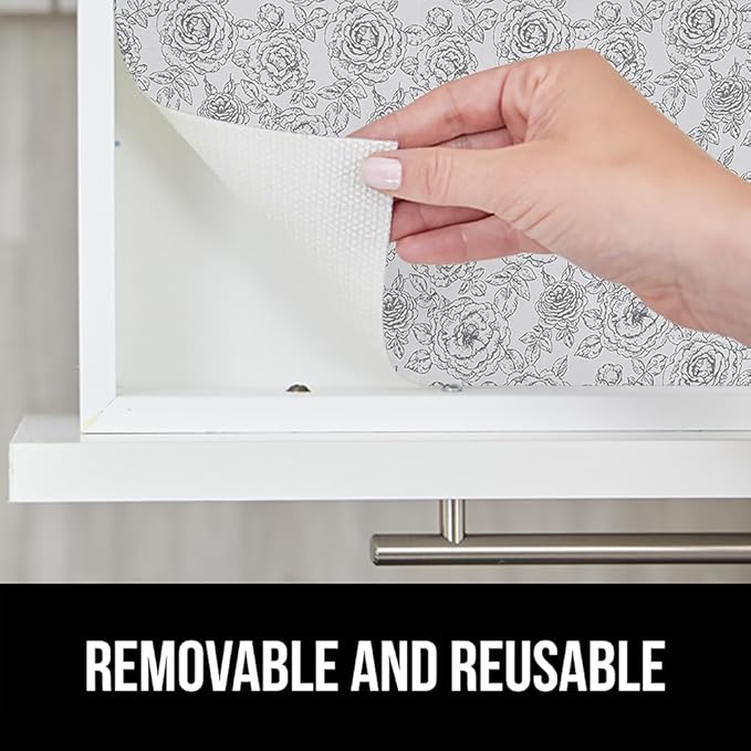 GORILLA GRIP DripGuard Shelf Liner, Non Adhesive Drawer and Kitchen Cabinet Protector, Slip Resistant BPA Free Smooth Surface Plastic Liners for Cabinets, Bathrooms, Closets, 12x240 Inch, Floral Gray
