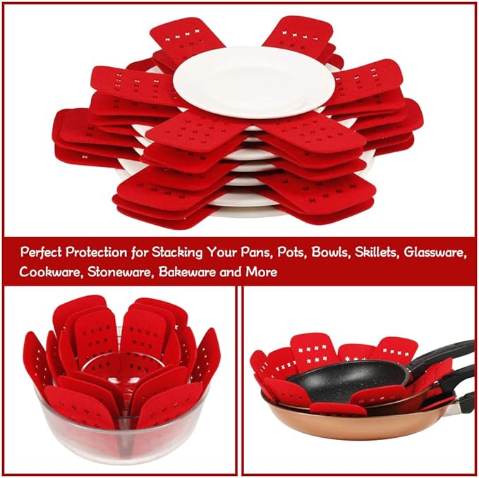 BYKITCHEN Pan Pot Protectors, Larger & Thicker Pan Protector with Stars, Set of 12 and 3 Different Sizes, Red Pot Divider Pads for Protecting and Separating Your Cookware