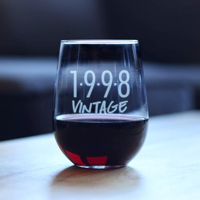 Bevvee Vintage 1998 Stemless Wine Glass - 28th Birthday Gifts for Women & Men Turning 28 - Bday Party Decor - Large 17 oz