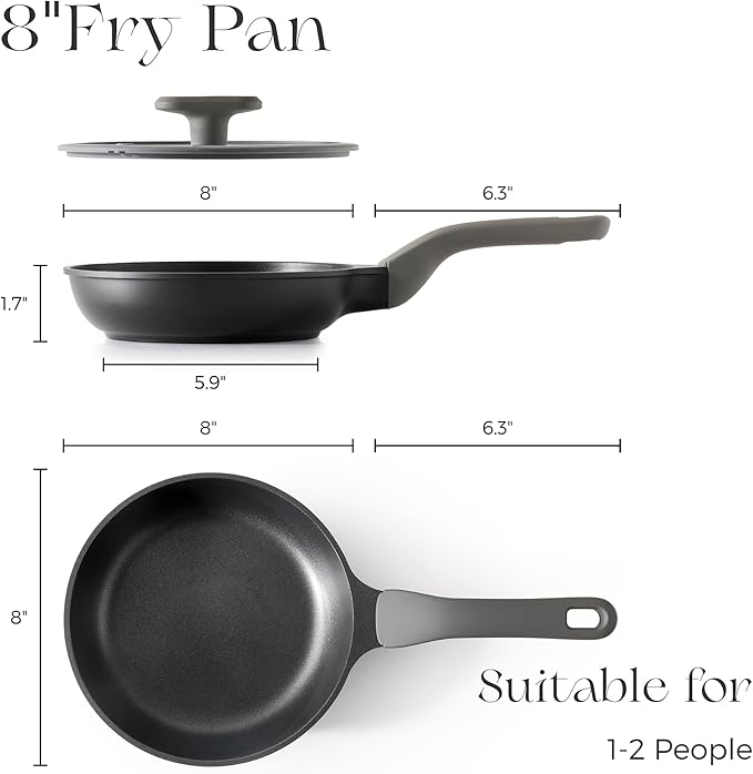 PRICUSIS Nonstick Frying Pan with Lid, 8/10 Inch Skillet with Stay Cool Handle, Fully Coated, Induction Compatible & Oven Safe, 100% Dishwasher Safe, PTFE & PFOA Free（8 Inch, Black Sesame）