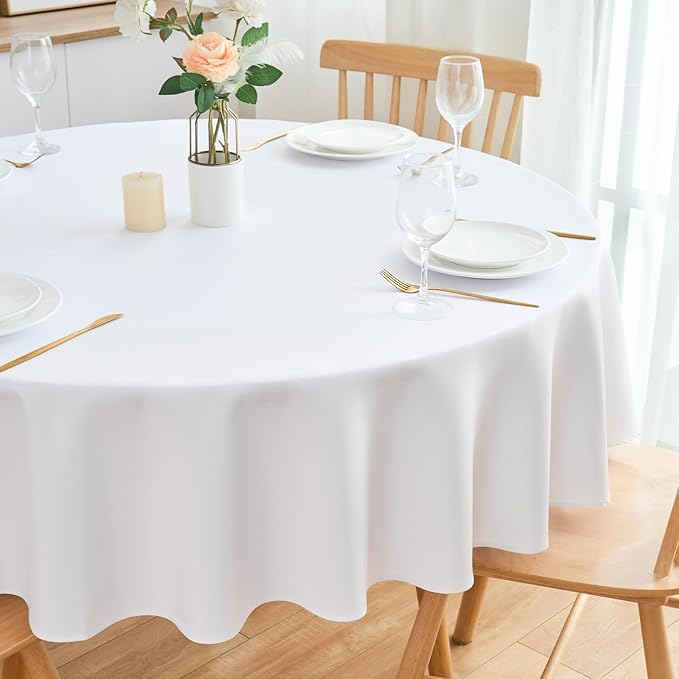 2 Pack Round Table Cloth 48 Inch White Tablecloth Washable Polyester Solid Dining Table Cover for Birthday Party Dinner Holiday Outdoor Indoor