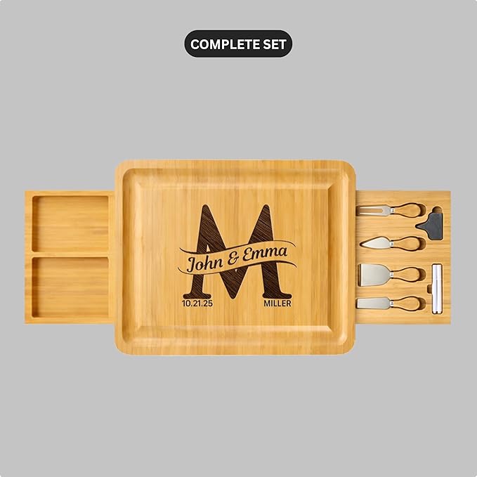Personalized Charcuterie Boards Gift Set - Custom Engraved Bamboo Cheese Board with Drawer & Knife Set for Wedding, Anniversary & Housewarming Gift for Couples