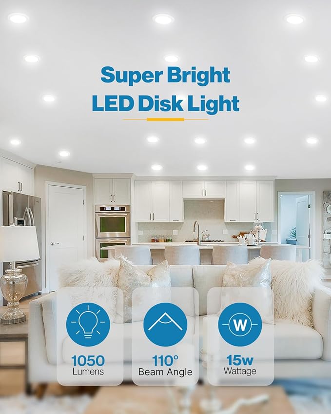 Sunco 24 Pack LED Disc Lights Ceiling 6 Inch, Flush Mount Disk Light, Recessed Can Lighting, 1050 LM, 15W (75W Equivalent), 4000K Cool White, Dimmable, Damp Rated ETL